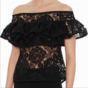 Alexis Crista Ruffled Off-the-Shoulder Black Embroidered Thick Lace Dressy Top